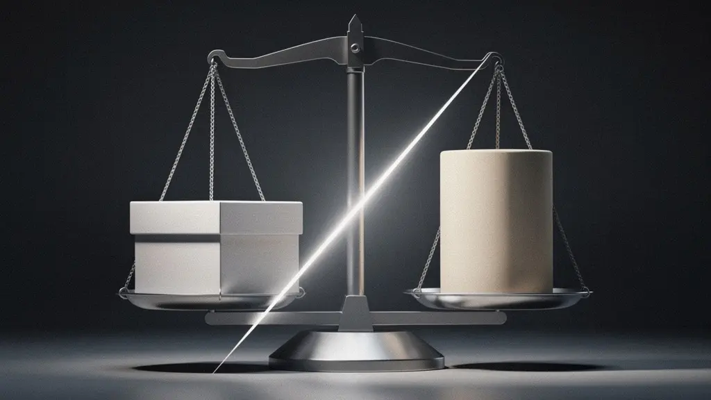 Un coffret cadeau neutre posé sur une balance minimale, avec une ombre suggérant une séparation nette entre courtoisie et risque, sans aucun texte.