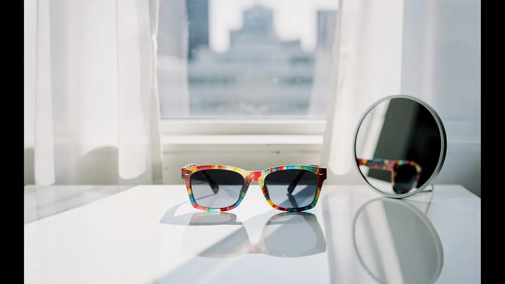 Paire de lunettes de soleil promotionnelles posées sur une surface réfléchissante baignée de lumière naturelle, évoquant l'envie de se photographier.