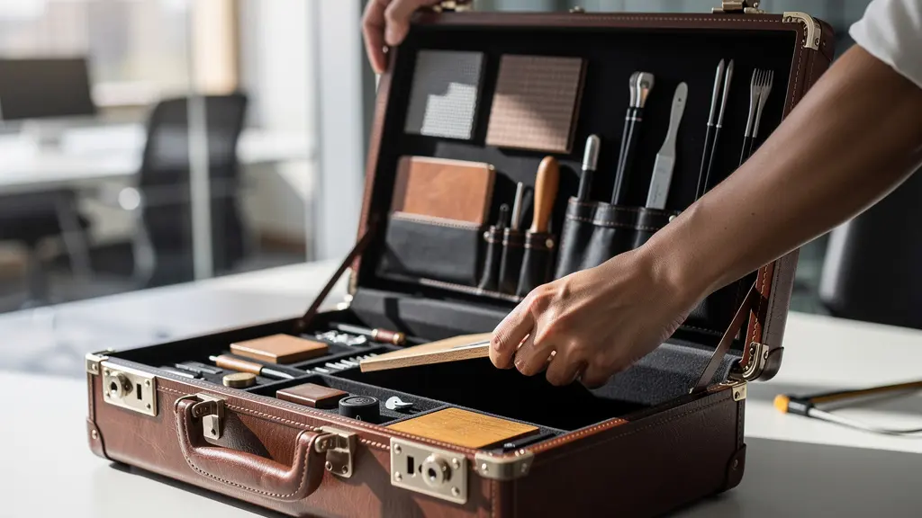 Mallette de démonstration ouverte révélant des échantillons produits organisés avec soin