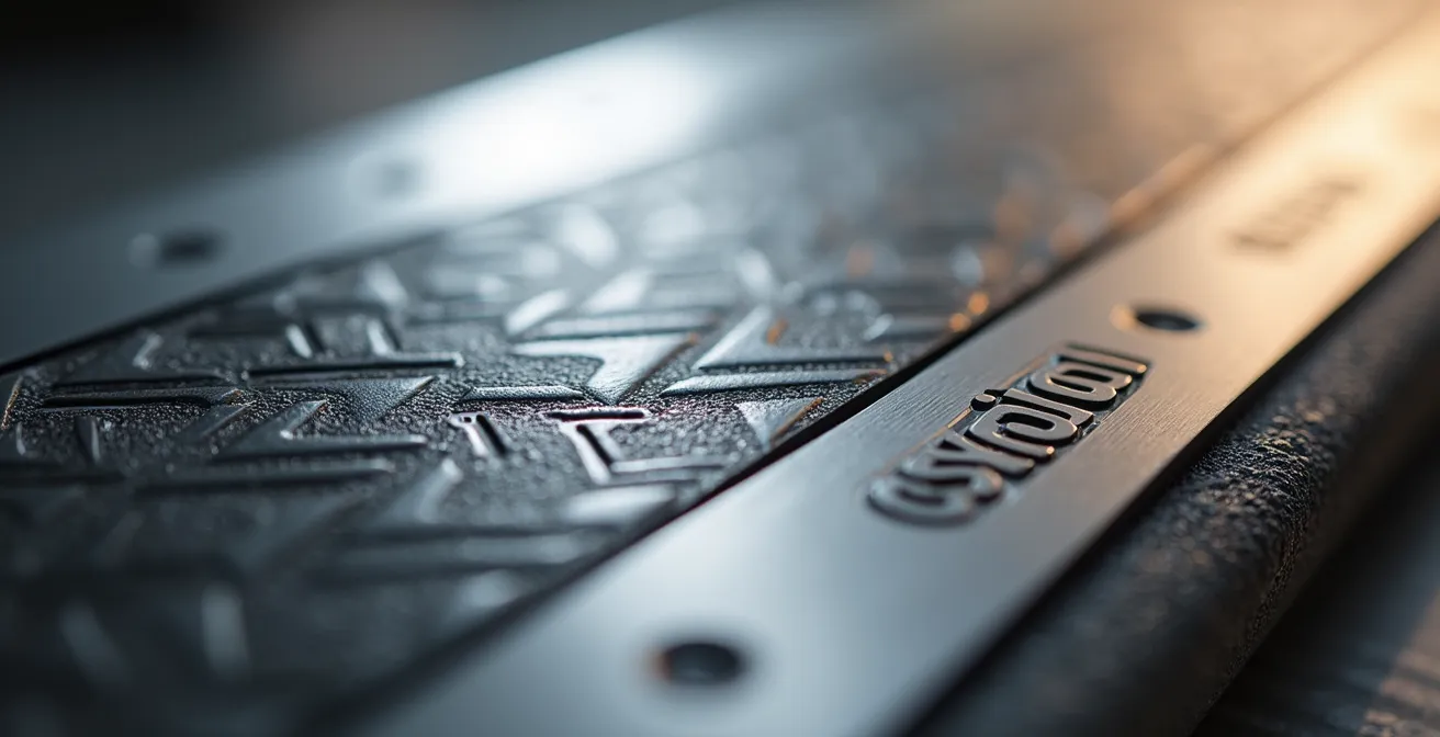 Vue macro d'un détail de gravure subtile sur un objet en métal brossé montrant la sophistication du marquage discret