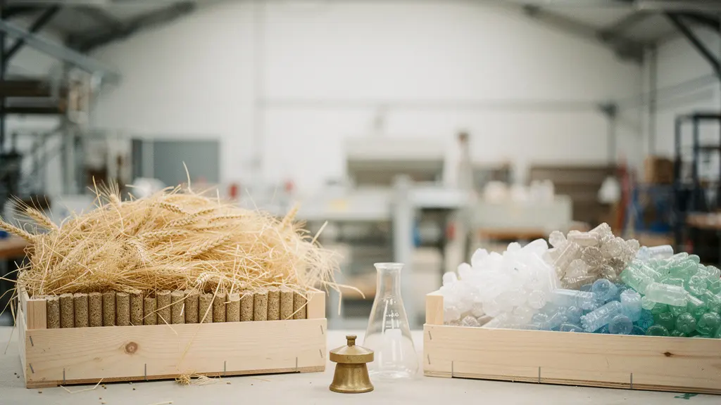 Vue large et minimaliste d'un atelier de tri de matériaux recyclés montrant des bacs de fibres végétales et de granulés plastiques recyclés dans un environnement industriel épuré.