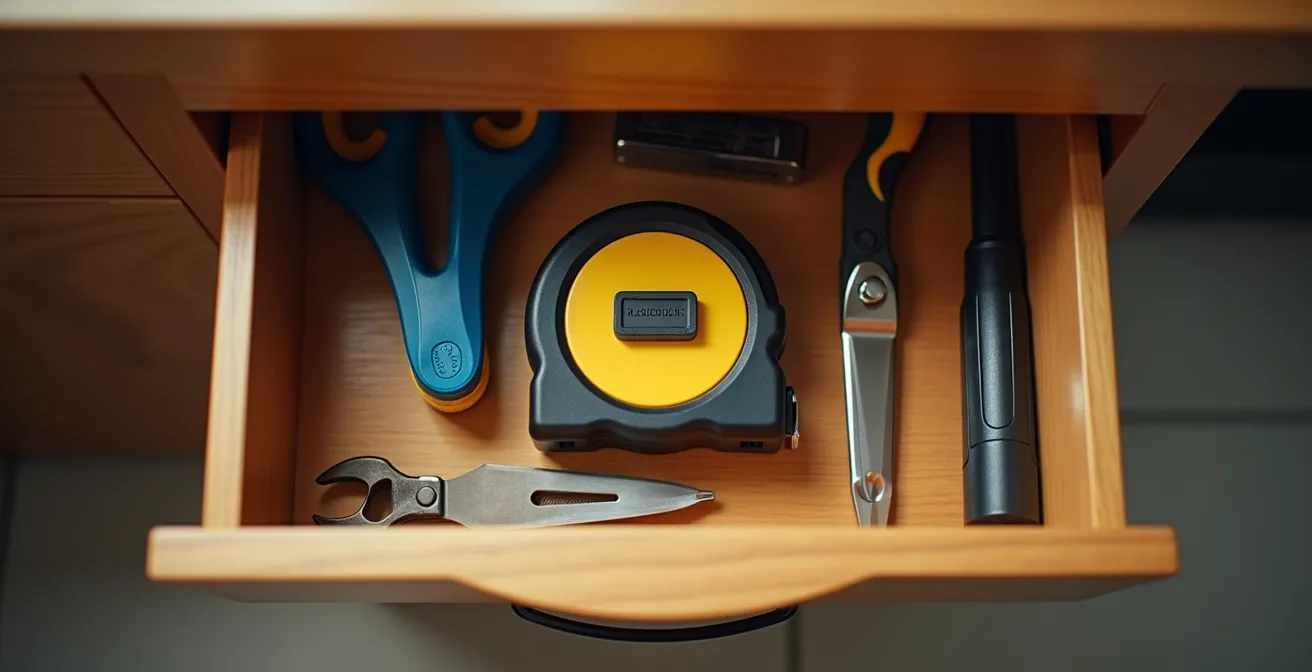 Mini-mètre ruban dans un tiroir organisé avec d'autres outils du quotidien