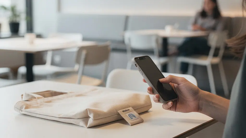 Scene large minimaliste montrant un objet publicitaire avec une pastille NFC et une personne effectuant un geste de contact, sans ecran lisible.