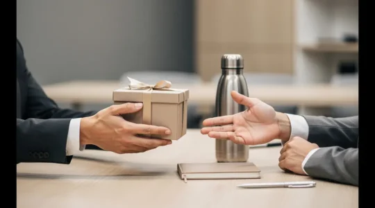 Deux professionnels autour d’une table voient un petit cadeau premium sans marque posé à côté de produits, suggérant une décision d’achat ou une prise de rendez-vous déclenchée par l’objet promotionnel.