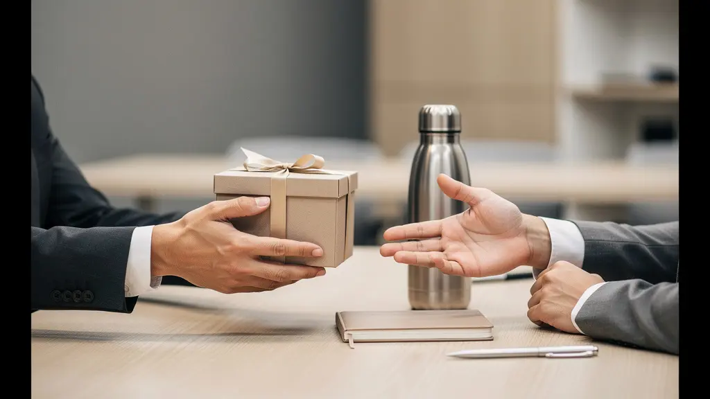 Deux professionnels autour d’une table voient un petit cadeau premium sans marque posé à côté de produits, suggérant une décision d’achat ou une prise de rendez-vous déclenchée par l’objet promotionnel.