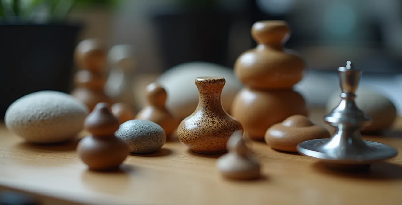 Gros plan macro sur des objets tactiles de bureau avec textures variées et jeu de lumière