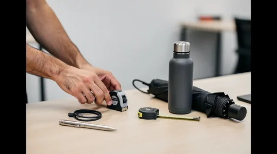 Coin de bureau lumineux avec quelques objets marketing utiles et neutres, disposés de façon minimaliste, prêts à être utilisés au quotidien.