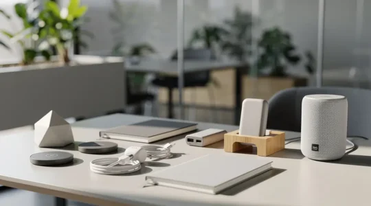 Bureau moderne avec objets technologiques innovants disposés harmonieusement pour un public tech-savvy