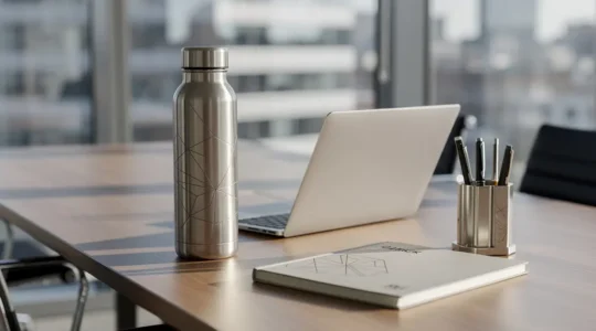 Objets publicitaires personnalisés disposés sur un bureau dans un environnement professionnel moderne