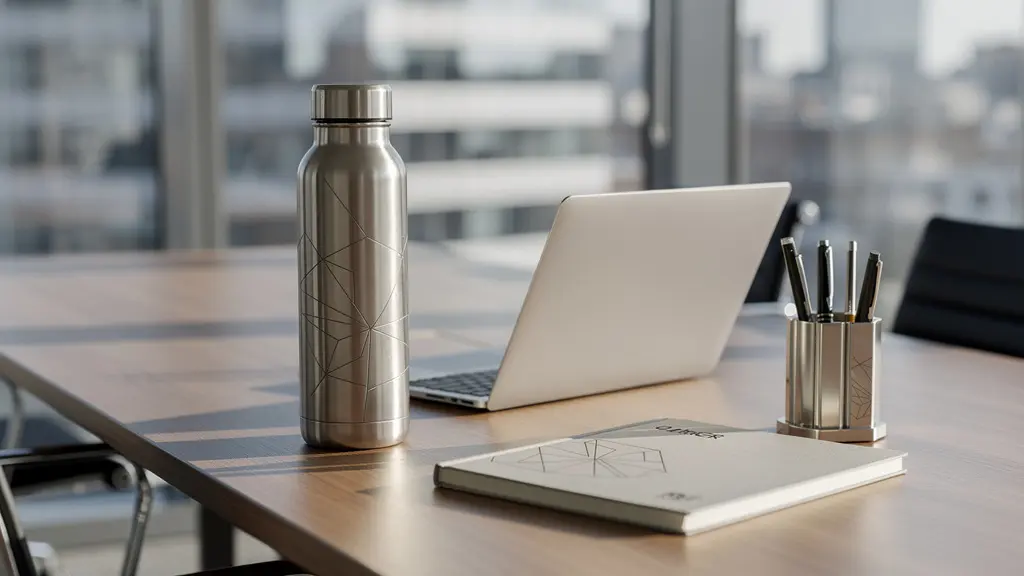 Objets publicitaires personnalisés disposés sur un bureau dans un environnement professionnel moderne