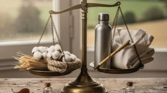 Balance symbolique opposant un objet publicitaire vert et des éléments naturels authentiques, représentant le défi de prouver l'éco-responsabilité sans greenwashing.