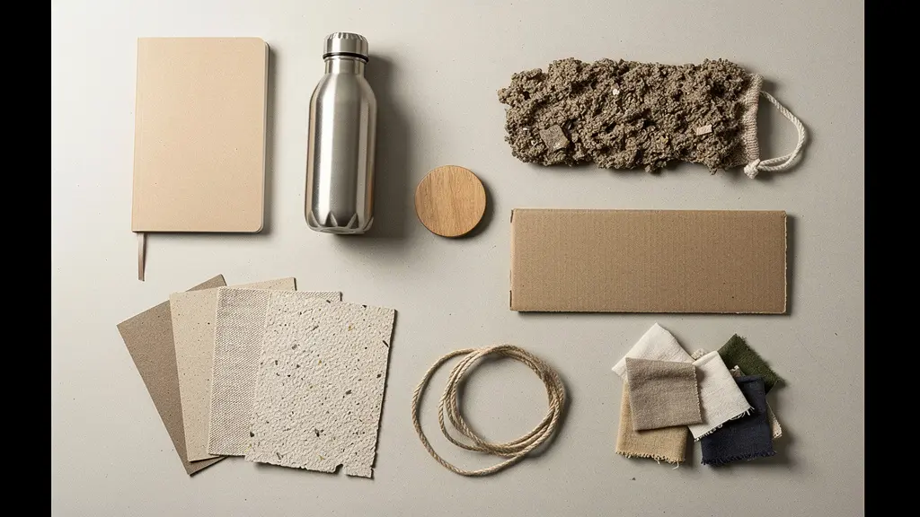 Vue éditoriale d’objets publicitaires durables sur une table de travail, avec matériaux recyclés et espace négatif pour un titre.