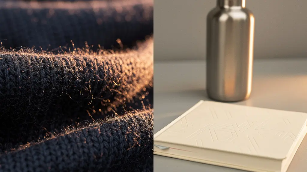 Gros plan macro sur la texture d'un textile tricoté aux teintes chaudes, avec en arrière-plan flou une gourde métallique mate et un carnet à couverture gaufrée, symbolisant la qualité tactile des objets d'appartenance en entreprise.