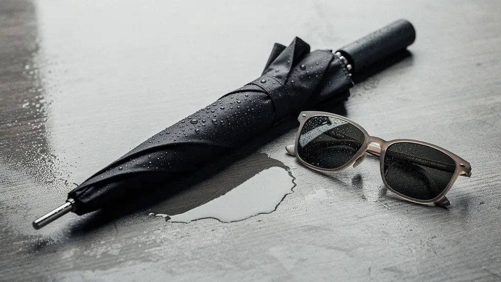 Parapluie fermé avec gouttes d’eau à côté de lunettes de soleil neutres sur une surface épurée, suggérant un choix d’objet marketing entre protection et style.