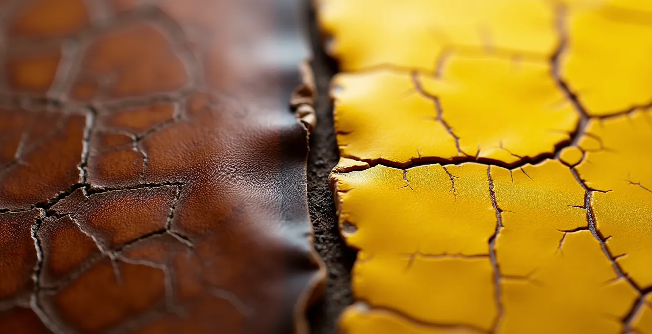 Comparaison macro entre un portefeuille en cuir patiné et un objet en plastique jauni, montrant le contraste de vieillissement