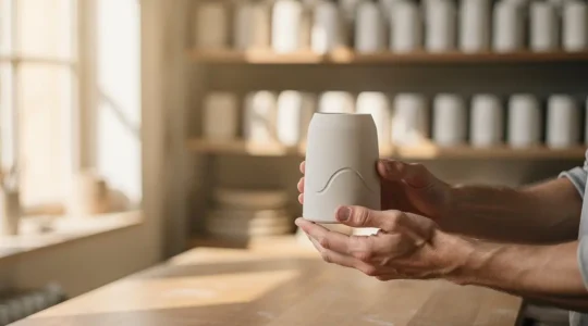 Mains tenant délicatement un objet artisanal personnalisé dans un atelier baigné de lumière naturelle, symbolisant le lien émotionnel entre la marque et l'individu.