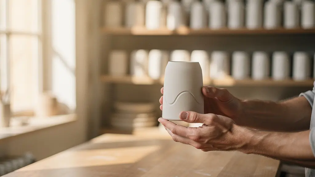 Mains tenant délicatement un objet artisanal personnalisé dans un atelier baigné de lumière naturelle, symbolisant le lien émotionnel entre la marque et l'individu.