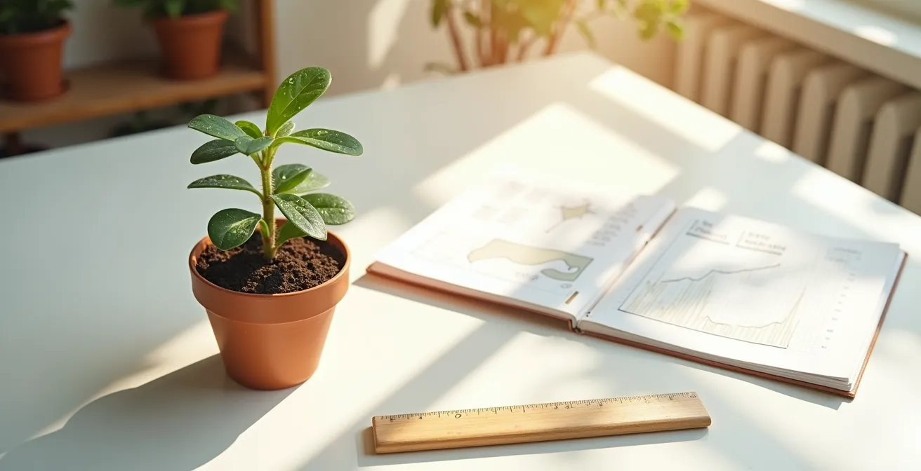 Petite plante en pot sur un bureau avec un cahier de suivi de croissance