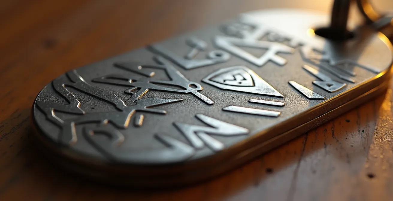 Gros plan sur un porte-clé en métal gravé avec numérotation