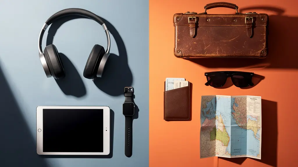 Composition créative montrant un contraste entre gadgets technologiques et destinations de voyage