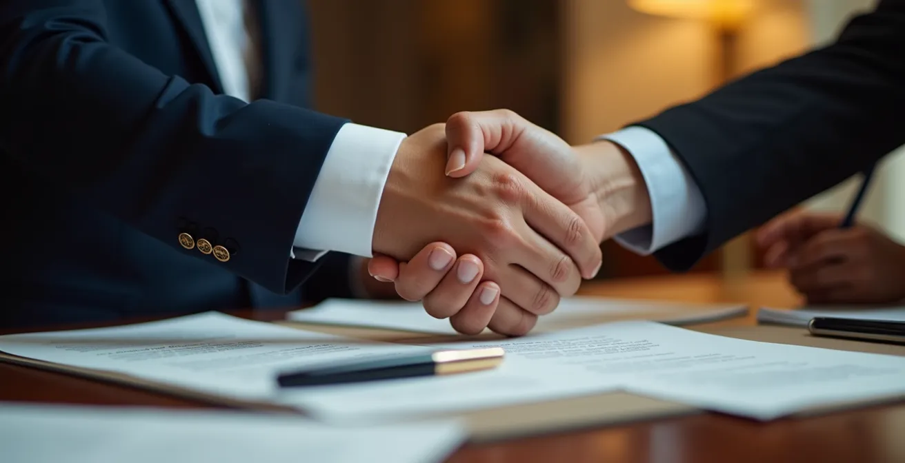 Vue en plongée de deux mains se serrant au-dessus d'une table avec un stylo plume de luxe et des documents flous