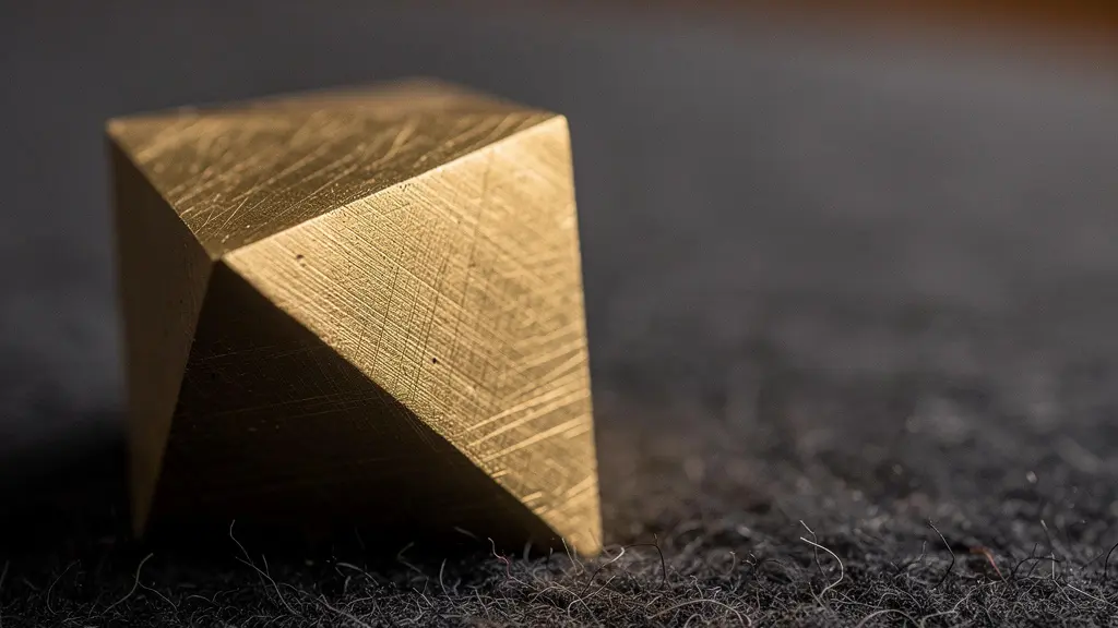 Gros plan macro sur un objet design original en laiton brossé posé sur une surface en feutre gris, évoquant la surprise et la découverte tactile