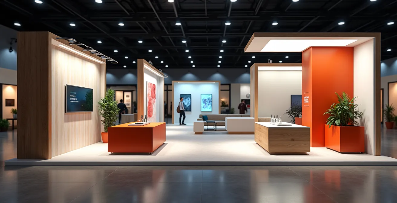 Système de supports événementiels modulaires et intemporels dans un hall d'exposition