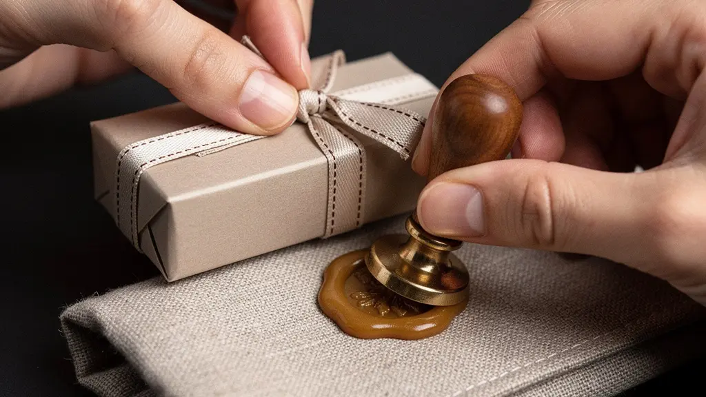 Gros plan sur des mains nouant un ruban autour d’un petit coffret cadeau et apposant un sceau de cire sur un tissu, sans papier ni texte visible.