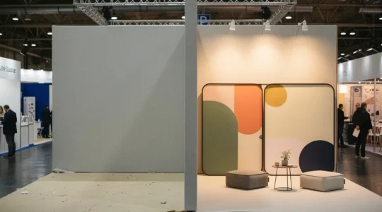 Espace d’exposition initialement neutre transformé en univers de marque cohérent avec textiles tendus, éclairage soigné et mobilier, sans aucun texte visible.