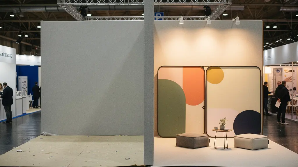 Espace d’exposition initialement neutre transformé en univers de marque cohérent avec textiles tendus, éclairage soigné et mobilier, sans aucun texte visible.