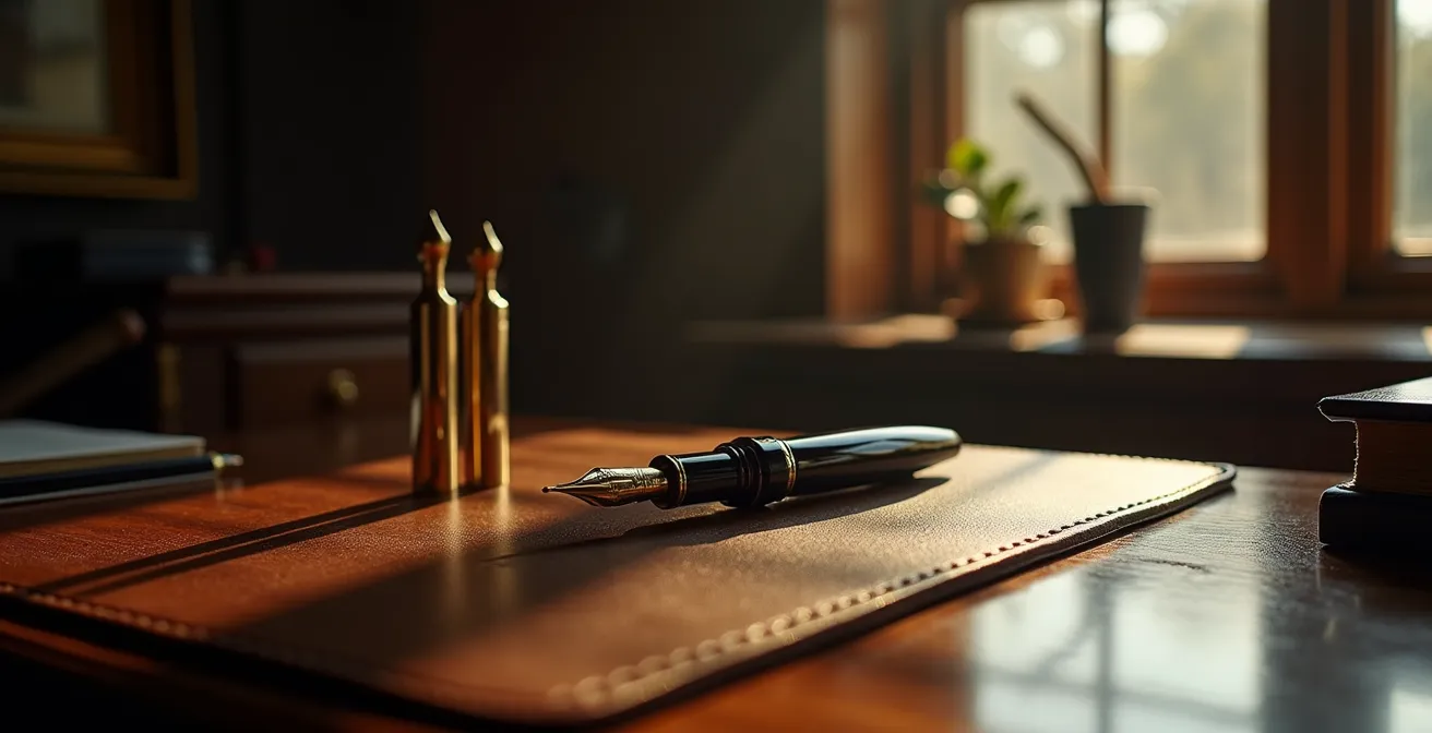 Stylo plume élégant posé sur un bureau en bois avec des recharges d'encre à côté