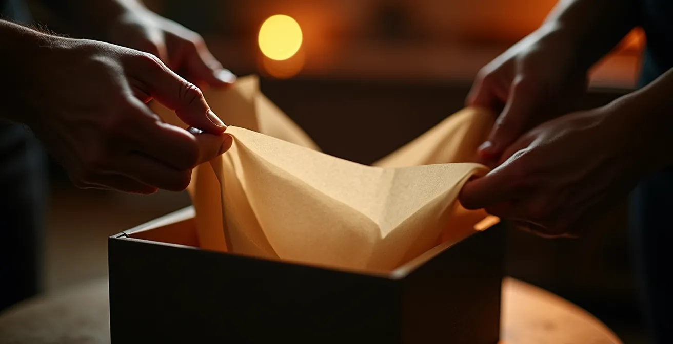 Mains ouvrant délicatement un coffret premium avec papier de soie