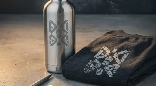 Vue rapprochée de plusieurs objets publicitaires metalliques et textiles avec differents types de marquages nets et durables, disposes sur un plan de travail professionnel