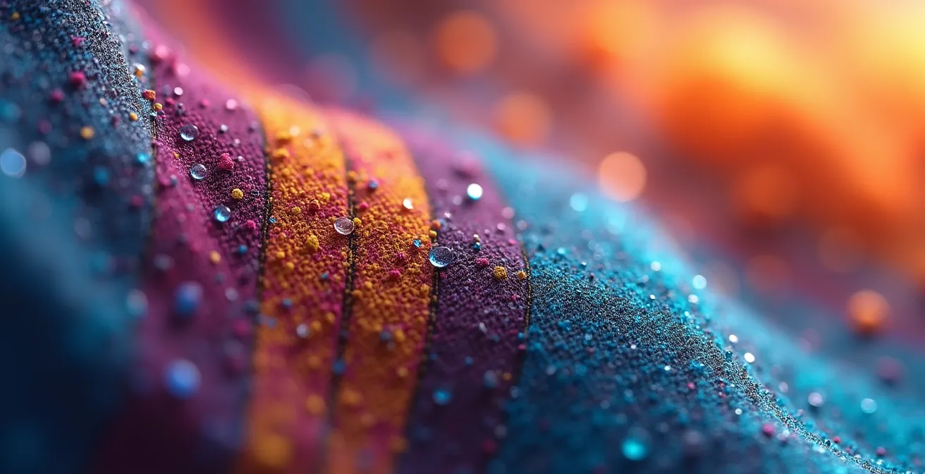 Gros plan sur la texture d'un textile montrant l'absorption de l'encre et la capillarité des fibres