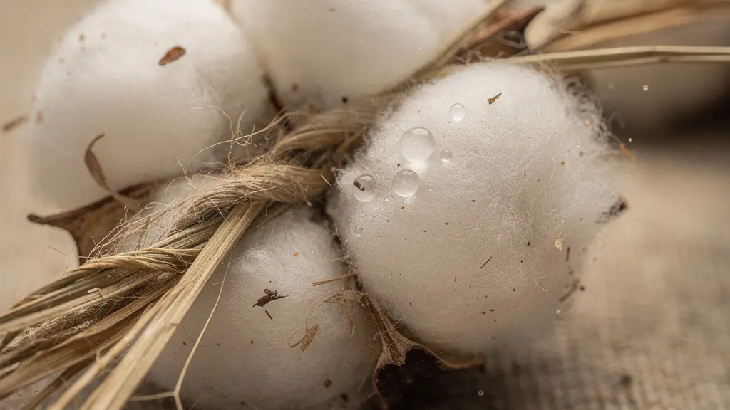 Gros plan macro sur des fibres de coton brut entrelacées avec des fibres de chanvre, illustrant la matérialité et les textures des matériaux utilisés dans les sacs réutilisables.