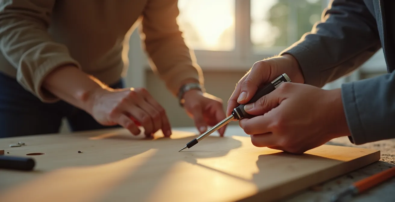 Portrait intimiste de mains tenant délicatement un tournevis élégant avec un meuble en kit flou en arrière-plan