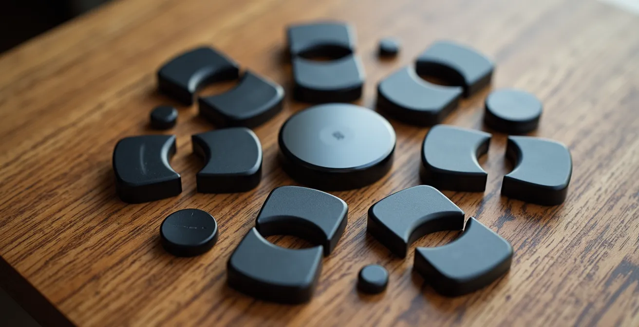 Différents modèles de trackers Bluetooth disposés en cercle sur une surface en bois naturel