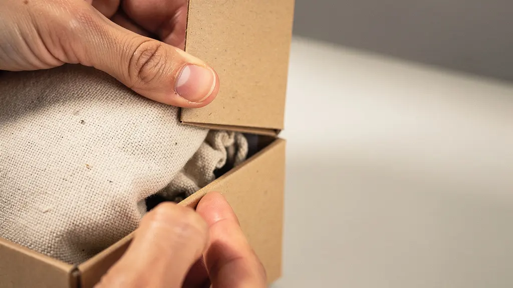 Gros plan de mains ouvrant un colis cadeau neutre, mettant en avant les textures et le geste d'unboxing.