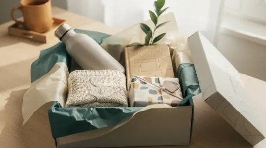 Coffret de bienvenue ouvert sur un bureau en bois clair, révélant des objets soigneusement disposés dans du papier de soie aux couleurs douces, symbolisant l'accueil chaleureux d'un nouveau collaborateur.
