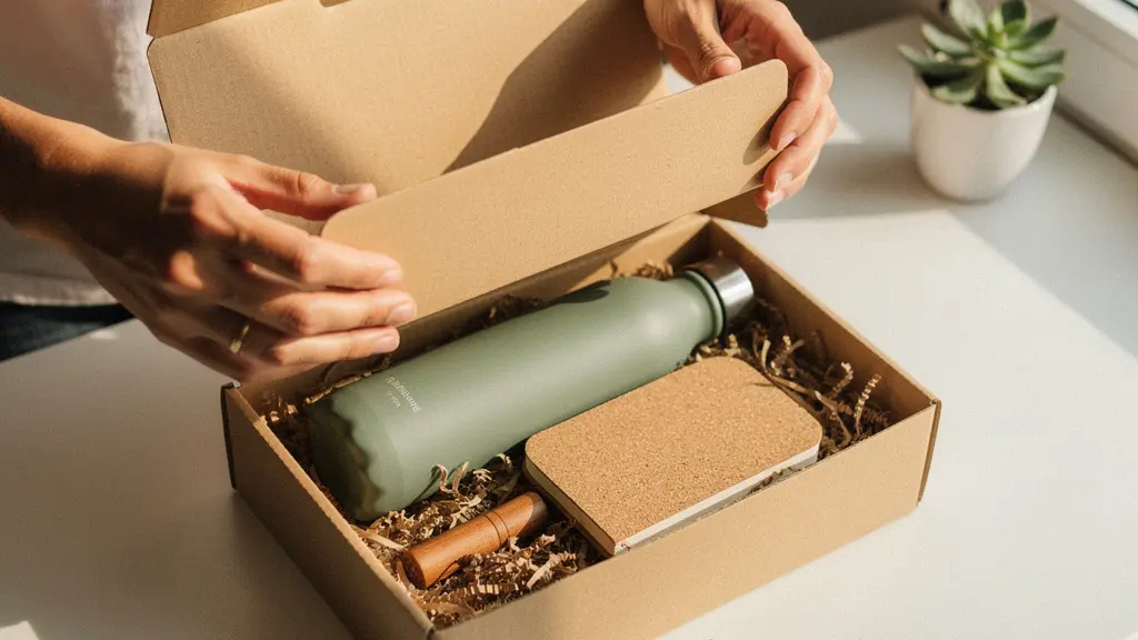 Mains d'une personne découvrant un coffret de bienvenue promotionnel soigneusement composé illustrant le principe de réciprocité en marketing