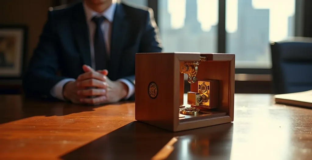 Cube en bois artisanal sur un bureau de direction avec une vue floue d'une ville en arrière-plan